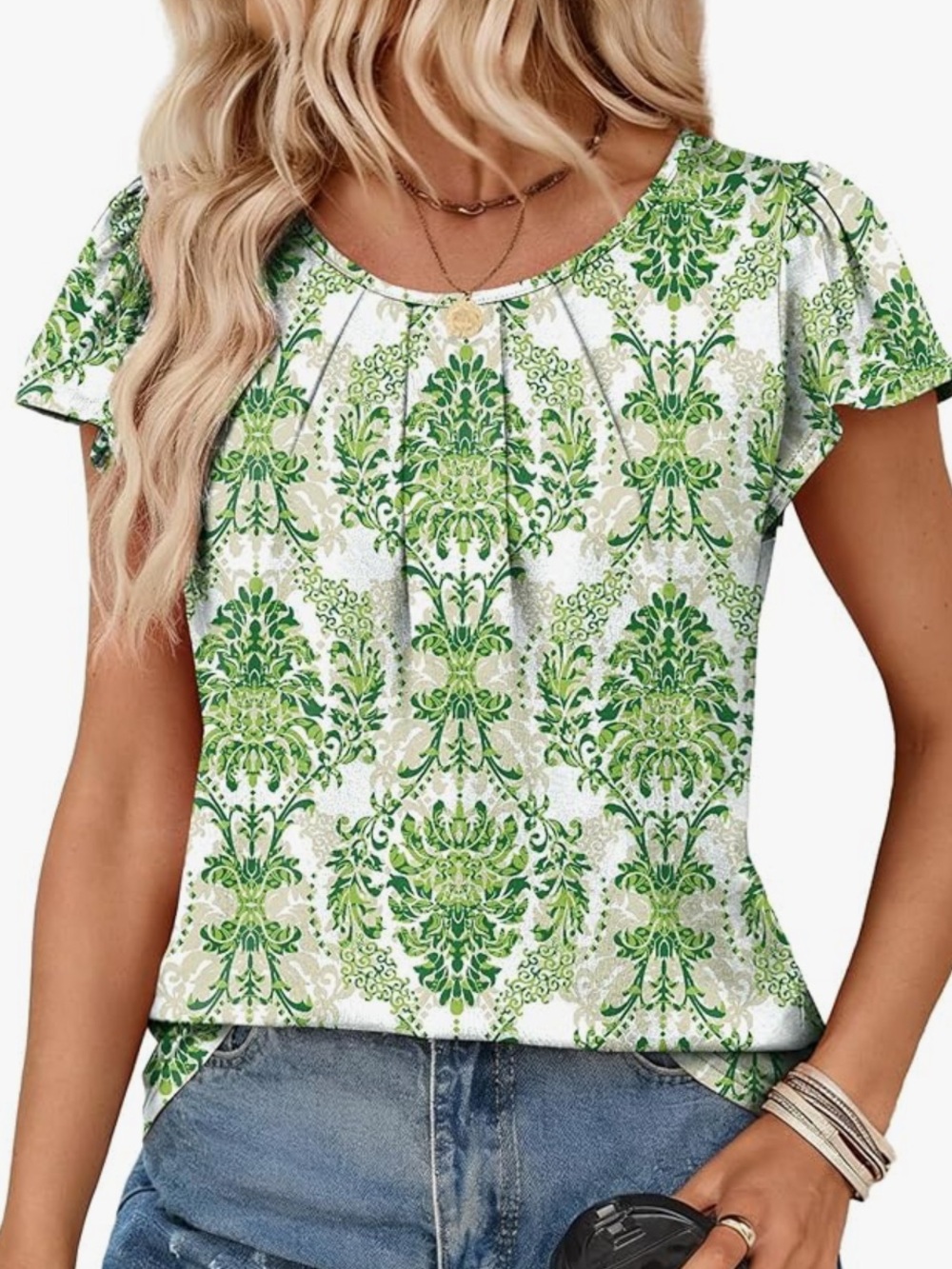 Chic Nation Green Floral Damask Short Sleeve Top